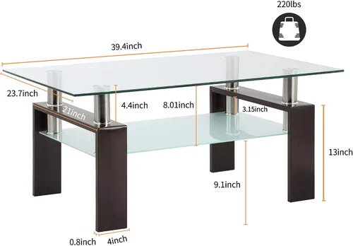 Miniatura 3 de IANIYA El rectángulo negro de la nuez moderó la tabla de centro de cristal moderada de las piernas del tubo del metal Negro Nuez (Black Walnut)
