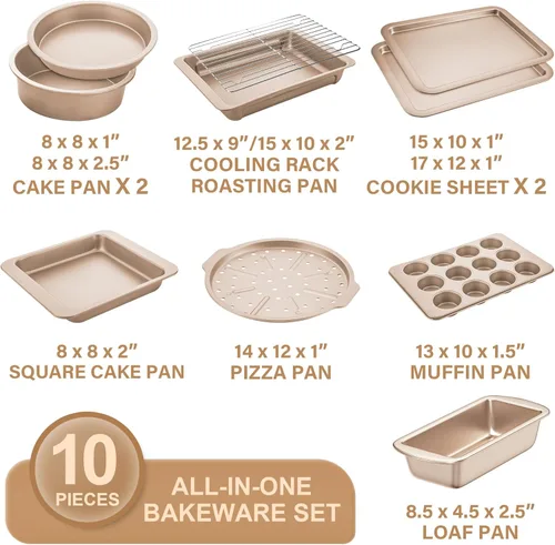 Miniatura 3 de Juegos de utensilios de hornear HONGBAKE, juego de sartenes para hornear, sartén antiadherente para horno de cocina con asas más anchas, juego de 10