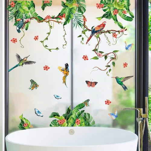 Miniatura 9 de Vinilo botánico de hojas verdes, calcomanías de vinilo para despegar y pegar, enredaderas rústicas colgantes, mural, mariposas, flores, calcomanías