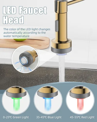 Miniatura 3 de Grifo de cocina LED, grifo de cocina de oro cepillado con dispensador de jabón y placa de cubierta, grifo para fregadero de cocina de casa rodante C