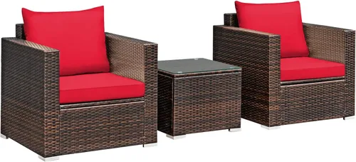 COSTWAY Juego de muebles de patio de 3 piezas, sofá de mimbre para exteriores con cojines y mesa de centro con vidrio templado, juego moderno de Rojo
