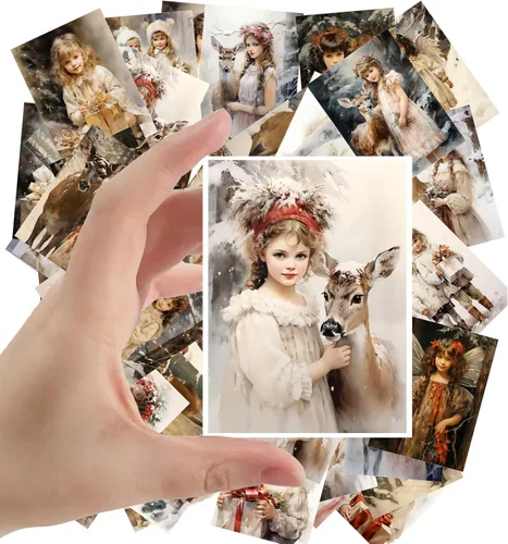 Calcomanías grandes, 24 piezas (2.5 x 3.5 pulgadas cada una) lindas familias con animales en invierno, postales vintage, postales retro, tarjetas de