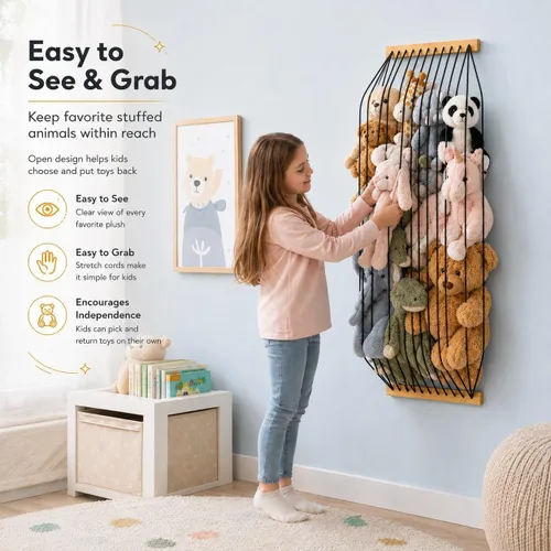Miniatura 3 de Organizador de madera para almacenamiento de animales de peluche, para habitación de niños, lindo y duradero para pared o puerta, longitud Negro