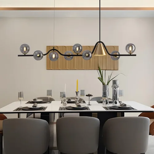 Miniatura 10 de Candelabro de mediados de siglo, lámpara colgante Sputnik de latón dorado con pantalla de lámpara de vidrio blanco, Candelabros lineales de globo