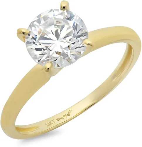 Clara Pucci Anillo de compromiso de 4 puntas de zafiro de corte redondo brillante de 2,0 quilates, color blanco, solitario, de oro amarillo de 18