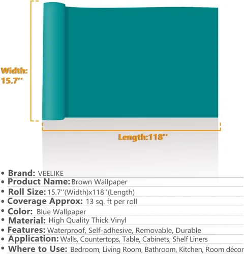Miniatura 2 de VEELIKE Papel tapiz azul turquesa mate de 15.7''x118'' Papel de contacto azul despegable y adhesivo Impermeable Autoadhesivo Papel de pared