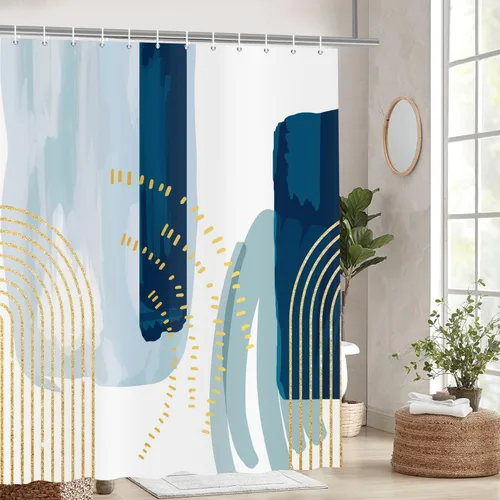 Miniatura 7 de deFouliao Cortina de ducha azul bohemia de mediados de siglo, cortinas de ducha modernas azul marino con líneas doradas minimalistas, impermeables