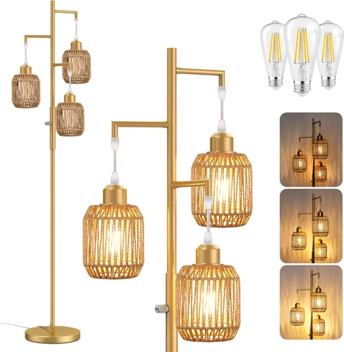 Miniatura 8 de ROTTOGOON Lámpara de Pie Bohemia Regulable - Lámpara de Pie de Ratán de Granja de 3 Luces para Sala de Estar, Lámparas de Pie Industriales tipo