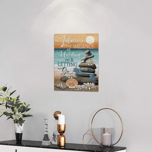 Miniatura 3 de Lienzo inspirador de playa costera, arte para pared, diseño de piedras zen, puesta de sol y océano, decoración de pared, citas de vida, impresiones