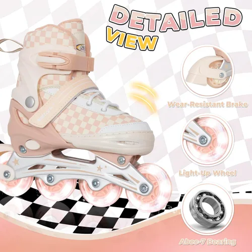 Miniatura 2 de Nattork Patines en línea ajustables para niños y adolescentes, ruedas iluminadoras, patines con diseño de tablero de ajedrez para niños y niñas Caqui