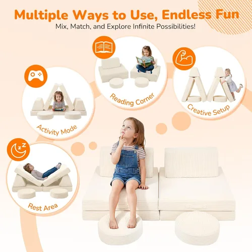 Miniatura 4 de MeMoreCool Sofá para Niños para Sala de Juegos, Sofá Convertible de Corduroy para Niños Pequeños, Sofá Modular de 8 Piezas para Juegos, Juego