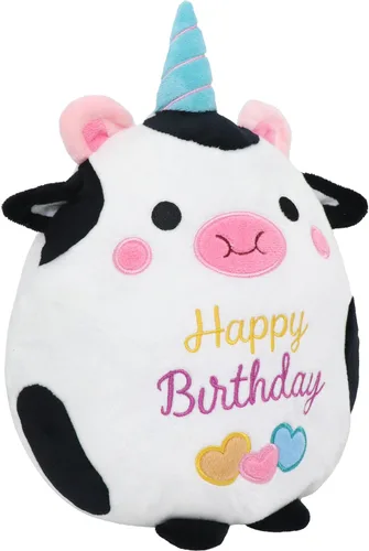 Muñeca de peluche de vaca de 10 pulgadas, lindo animal de peluche de cumpleaños, suave almohada de peluche de vaca con sombrero de unicornio Kawaii,