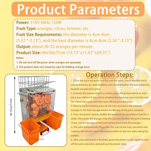 Miniatura 3 de Máquina exprimidora naranja comercial de 110 V, extractor automático de acero inoxidable naranja con engranajes de acero, 2 cáscaras que recogen