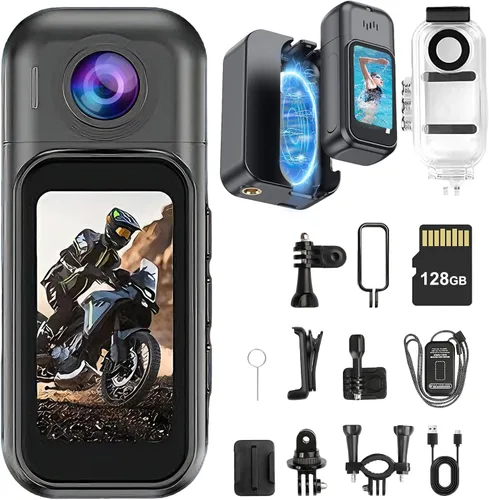 OBEST Mini cámara corporal de 128 GB, cámara de acción de tamaño pulgar 1080P con pantalla táctil LCD de 1.5 pulgadas y estuche de carga, grabación