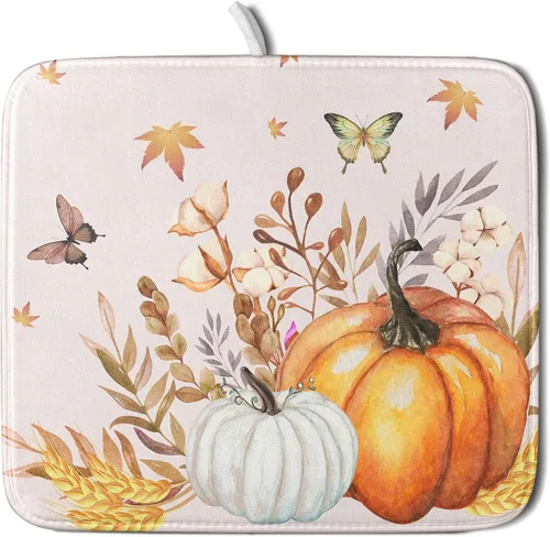 Miniatura 31 de Tapete de Secado de Platos de Florero de Girasoles Otoñales para Encimera de Cocina, Tapete de Secado de Hojas de Arce y Calabaza Otoñal de 16 x 18