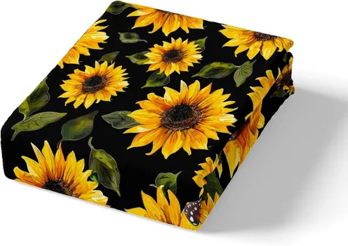 Miniatura 4 de Juego de sábanas con diseño de girasoles para niñas, sábanas de flores amarillas con mariposas, sábana bajera ajustada, patrón de flores elegante