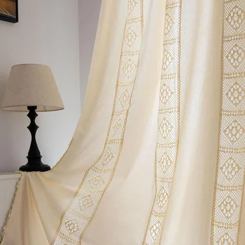 Miniatura 53 de Deeprove Cortinas bohemias para dormitorio, rayas huecas de ganchillo crema y estampado floral, tela de lino de algodón, con borlas beige bohemias