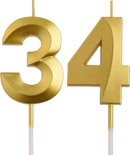 Velas de cumpleaños número 34 y 43, velas doradas de cumpleaños número 43 y 34 años, decoraciones de fiesta de cumpleaños, decoración de tarta,