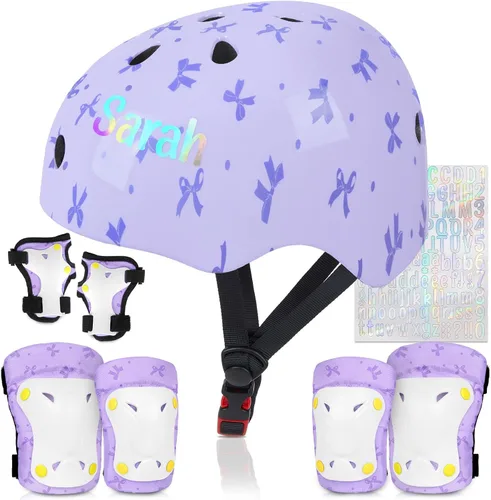 Miniatura 13 de Casco para niños, casco de bicicleta para niños pequeños con pegatinas DIY Unicornio, rodilleras y coderas ajustables, juego de protección para Rosa