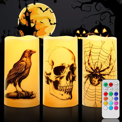 Miniatura 8 de Homemory Velas de Halloween, velas sin llama naranjas, velas led de pilas impermeables para exteriores con calabazas impresas, con mando a distancia