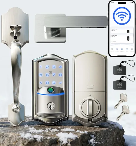 Veise VE027-H Cerradura inteligente de huella digital Wi-Fi integrada con manija, control remoto de aplicación y control de voz, juego de cerradura