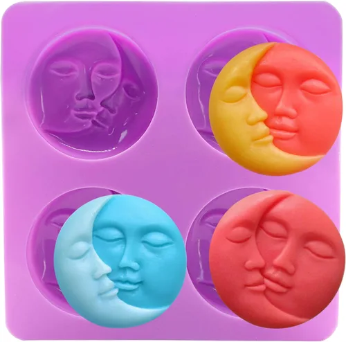 Newmemo Sun & Moon Moldes de jabón de silicona con cara de luna creciente, moldes de jabón de silicona para manualidades para barra de loción