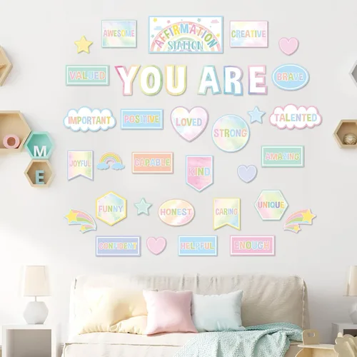 Miniatura 5 de Juego de tablón de anuncios motivacional de estación de afirmación pastel, tablero de anuncios de arcoíris pastel para decoración de pared de aula