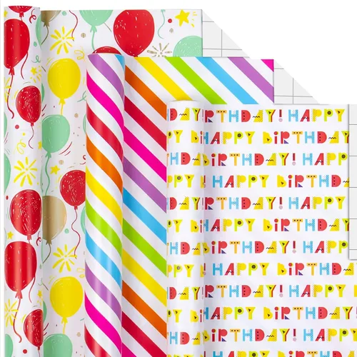 MAYPLUSS rollo de papel de regalo para cumpleaños - mini rollo - 17 pulgadas x 120 pulgadas por rollo - tiras de globo rojo, letras de feliz Feliz