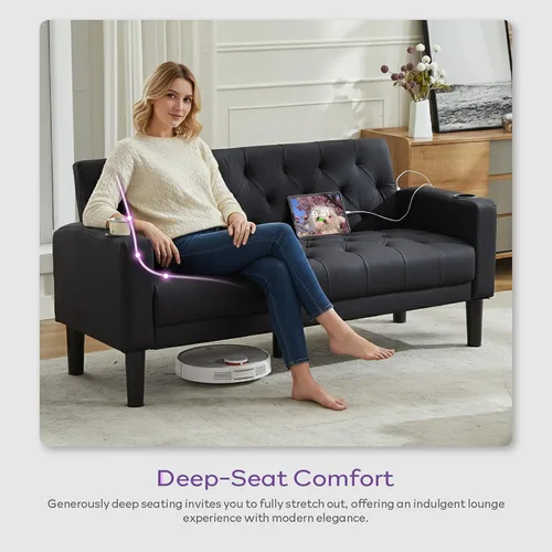 Miniatura 8 de TYBOATLE Sofá loveseat de 62" de ancho con 2 puertos de cargador USB y 2 portavasos, sofá de amor pequeño tapizado de cuero negro estilo moderno