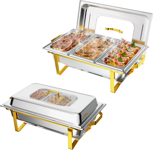 Miniatura 11 de ROVSUN Platos dorados para bufé, juego de bufé de 9 cuartos con tapa de vidrio, servidores y calentadores de bufé de acero inoxidable con marco