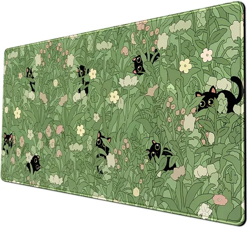 Miniatura 5 de Tapete de Escritorio Verde XL Gato Lindo Planta Genial Almohadilla de Escritorio Tapete de Teclado Kawaii Gato Negro Flor Mousepad Tapete de B-cat