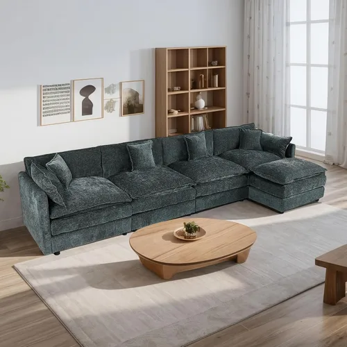 Miniatura 49 de Setawix Sofá Profundo de 3 Plazas con Otomana, Sofás de Nube en Forma de L de 112.2" para Sala de Estar, Sofá de Nube de Chenilla con Asiento Café