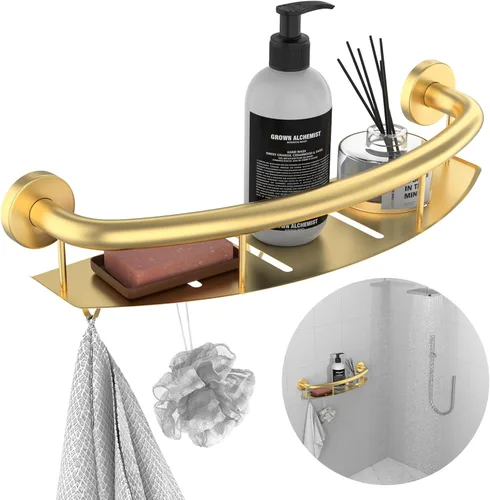 Miniatura 16 de Barra de seguridad blanca de 18 pulgadas con estante de almacenamiento para bañera o ducha, orificios de drenaje, acero inoxidable, barras de agarre