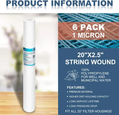 Miniatura 2 de Membrane Solutions Cartucho de polipropileno para heridas de sedimentos de 1 micrón, 2.5 pulgadas de diámetro exterior x 20 pulgadas de longitud
