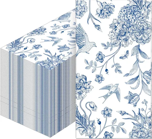 Tatuo 200 piezas de servilletas de papel azul floral, toallas de mano desechables para baño, servilletas decorativas para invitados, papel para