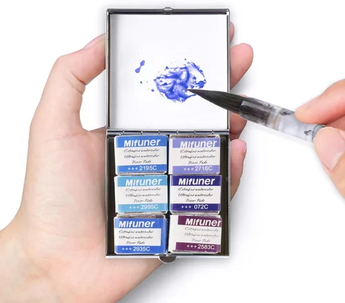 Miniatura 25 de Mini Juego de Caja de Lata de Viaje de Pintura de Acuarela de Artista Portátil Hecha a Mano con 6 Medias Bandejas Sólidas con Purpurina Nacarada