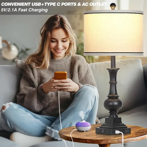 Miniatura 5 de Juego de 2 lámparas de mesa estilo granja, lámparas de noche vintage con puertos de carga USB A+C y salida de CA, lámpara rústica de 26 pulgadas