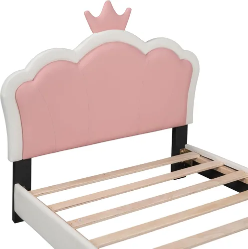 Miniatura 7 de Cama de plataforma tapizada de tamaño individual, marco de cama de plataforma de madera con cabecera en forma de corona, elementos de dibujos