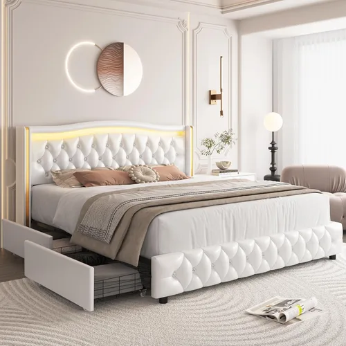 Miniatura 11 de Hifit Base de cama LED, tamaño individual, cabecera capitoné con botones de cristal, 4 cajones, moderna, piel sintética, de princesa, para niñas,