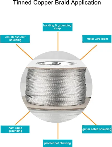 Miniatura 4 de Funda de blindaje de cable trenzado de cobre estañado, revestimiento de telar de alambre de metal, protector EMI RFI ESD, malla de conexión a tierra