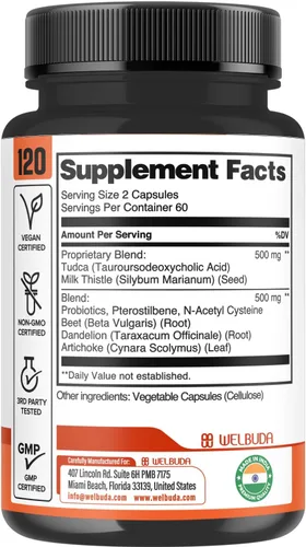 Miniatura 8 de Suplemento Tudca 8 en 1 de 1000 mg – 120 cápsulas durante 2 meses – Extra fuerte con cardo mariano, probióticos, raíz de remolacha, diente de león