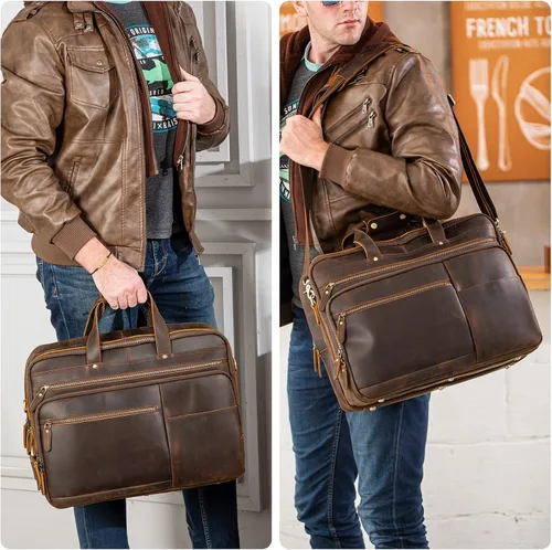 Miniatura 8 de Maletín grande de cuero para hombres de 18 pulgadas de grano completo para laptop, bolsa de mensajero para portátil de 17.3 pulgadas, marrón oscuro