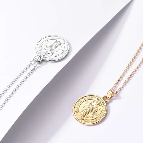 Miniatura 2 de Collar de medalla de San Benito de oro de 18 quilates o acero inoxidable 316L con medalla cristiana sacramental para proteger el mal de la joyería