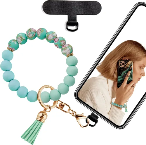 Miniatura 13 de Correa de muñeca de teléfono con cuentas de silicona, pulsera para teléfono con lengüeta de sujeción, pulsera manos libres para iPhone (negro)