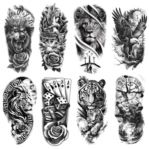 Miniatura 17 de 8 hojas lobo taichi tótem cráneo luna bosque flor brazo pierna tatuaje temporal XQB-07