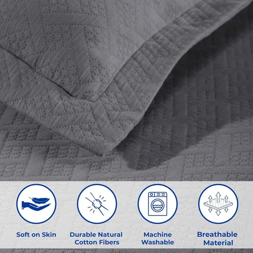 Miniatura 6 de Colcha Superior 100% algodón con diseño de tejido de cesta y fundas, ropa de cama de algodón de primera calidad para todas las estaciones con Gris