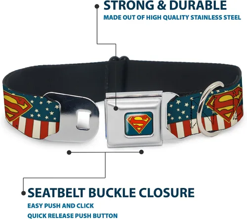 Miniatura 4 de Buckle-Down Collar de perro con hebilla de cinturón de seguridad, Superman Shield Americana Rojo/Blanco/Azul/Amarillo – 1 pulgada de ancho – Se