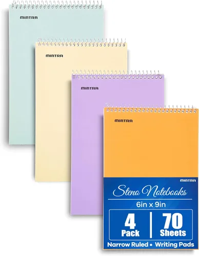 Mintra Office - Libro taquigráfico (colores pastel, paquete de 4 blocs, renglones estrechos) - 6 x 9 pulgadas, 70 hojas, cuaderno para escribir