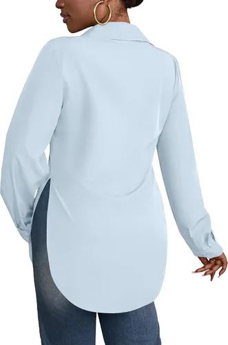 Miniatura 6 de Rooscier Blusa larga con cuello en V para mujer, manga larga, abertura lateral, con botones