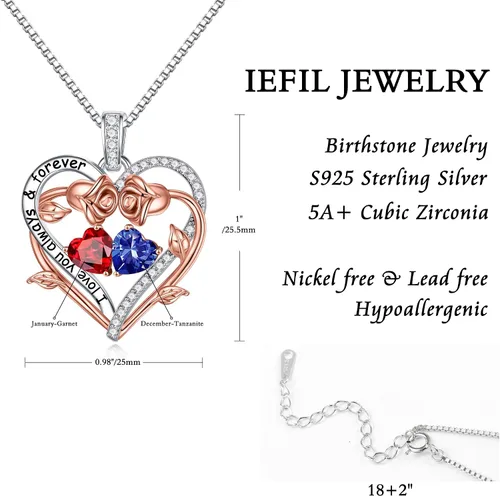 Miniatura 5 de Iefil Rose Heart Double Birthstone Necklace Gifts for Wife Girlfriend Her Women, Birthstone Jewelry Gemstone Birthday Gifts for Mom Grandma Her Wife